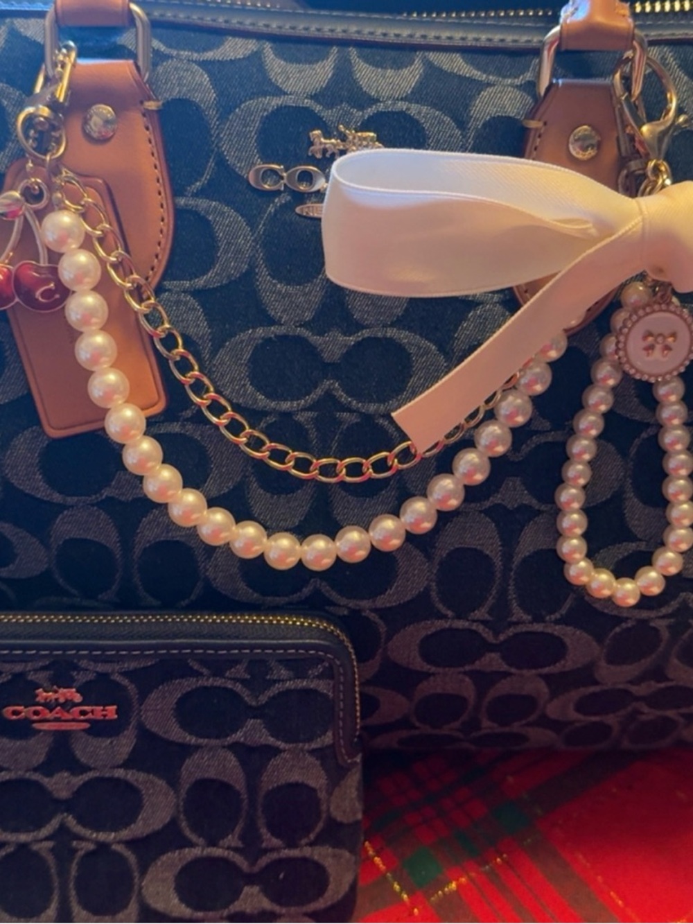 Coach Signature Canvas Denim Large Rowan with Tan Trim,  Pearl Charm and wallet